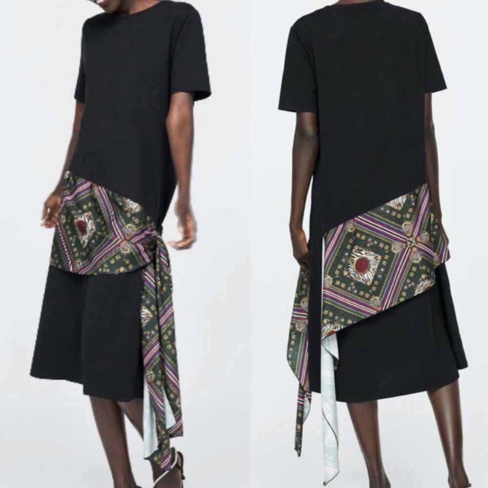 Zara Flying T-Shirt Dress w/ Side Tie Ruffle Black Size S NWT.